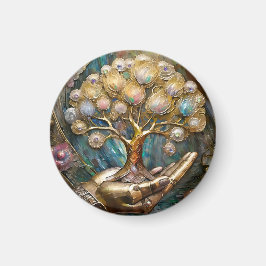 Golden Robot Hand Holding Guld Livets träd Magnet