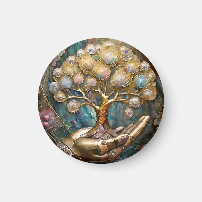 Golden Robot Hand Holding Guld Livets träd Magnet (Framsidan)