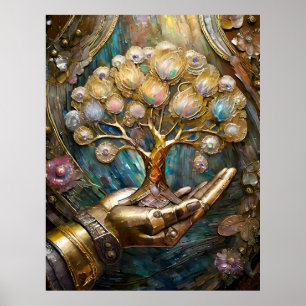 Golden Robot Hand Holding Guld Livets träd Poster