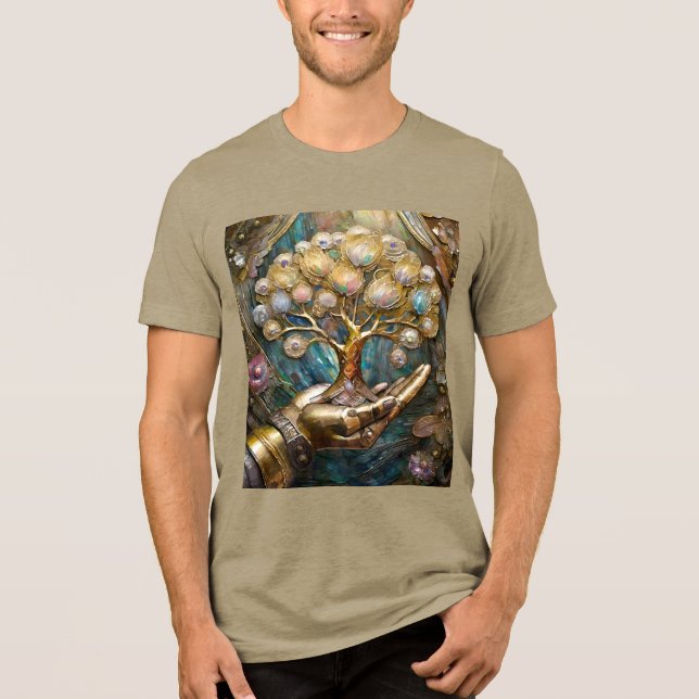 Golden Robot Hand Holding Guld Livets träd T Shirt (Framsida)