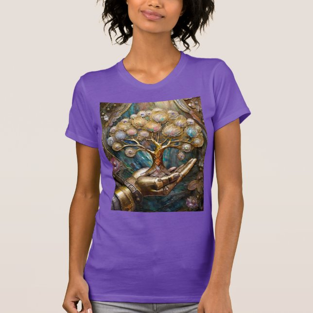 Golden Robot Hand Holding Guld Livets träd T Shirt (Framsida)
