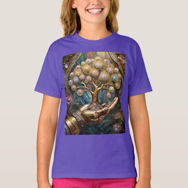 Golden Robot Hand Holding Guld Livets träd T Shirt (Framsida)