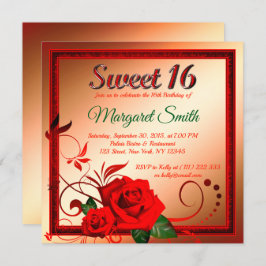Golden röd ros söt 16 inbjudan
