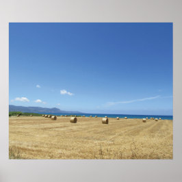 Golden Rolls of Hay and Deep Blue Sea Design Poster