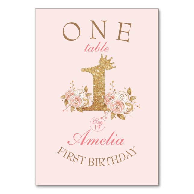 Golden Rosa Flowers Princess 1:a födelsedagen Part Bordsnummer (Framsidan)