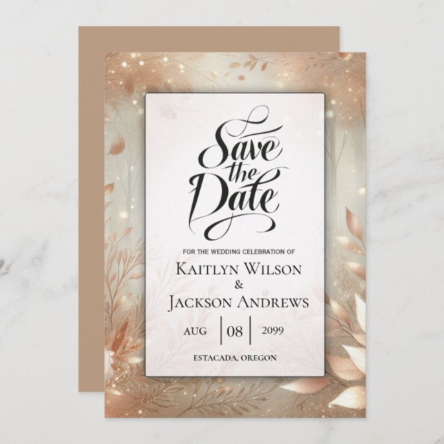 Golden Rosewood Enchanted Forest Bröllop Spara Datumet (Fram/baksida)