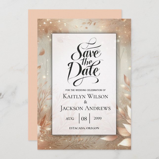 Golden Rosewood Enchanted Forest Bröllop Spara Datumet (Fram/baksida)