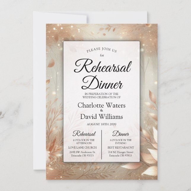 Golden Rosewood Enchanted Forest Rehearsal Dinner Inbjudningar (Framsida)