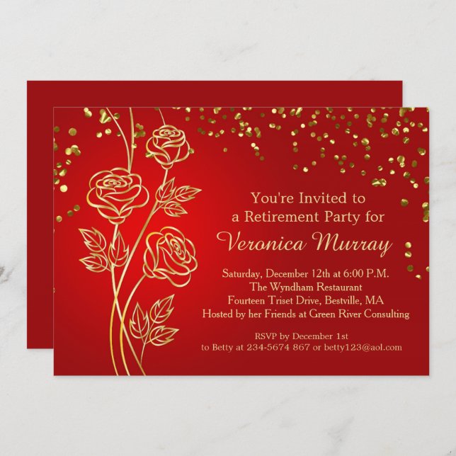 Golden rosor, konfekt på röda Pension Party Inbjudningar (Fram/baksida)