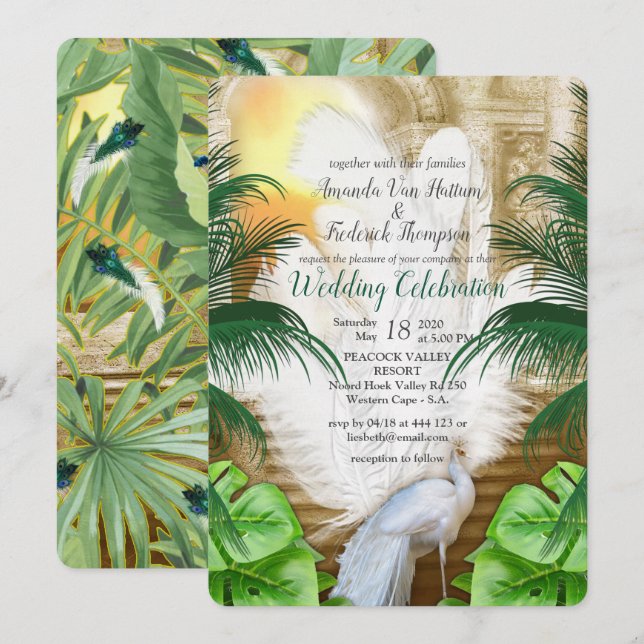 Golden Royal White Peacock Feathers Inbjudningar (Fram/baksida)