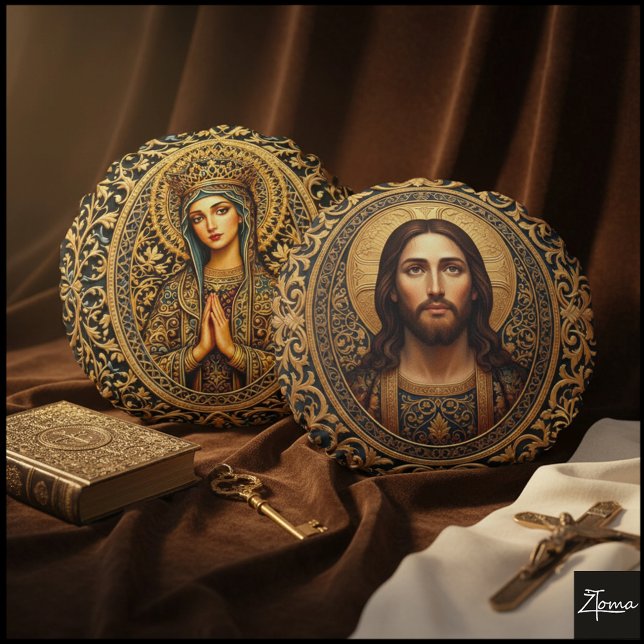 Golden Sacred Icon - Jesus Rund Kudde (Skapare uppladdad)