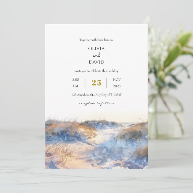 Golden Sandy Coastal Dunes Sunrise Beach Wedding Inbjudningar (Stående Fram)