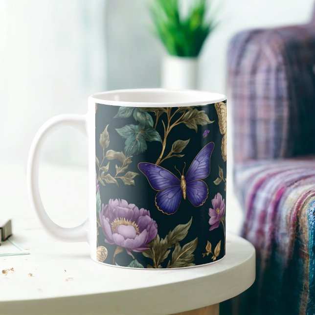 Golden Saphir Butterflies & Glitter Blommigt Delig Kaffemugg (Skapare uppladdad)