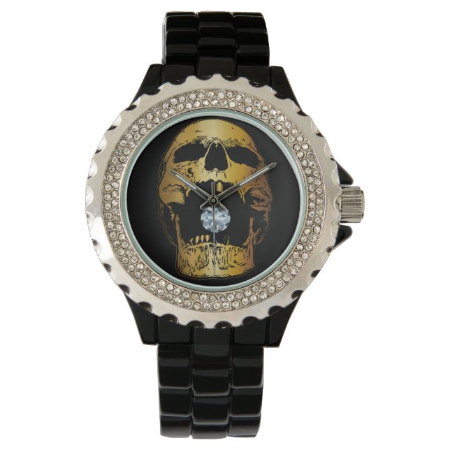 Golden Screaming Skull Diamond Guld Skull Armbandsur (Framsida)