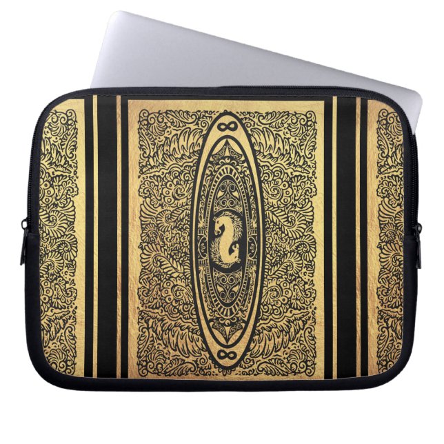 Golden Seahorse Mandala - Ornate Infinity Design Laptop Sleeve (Framsidan)