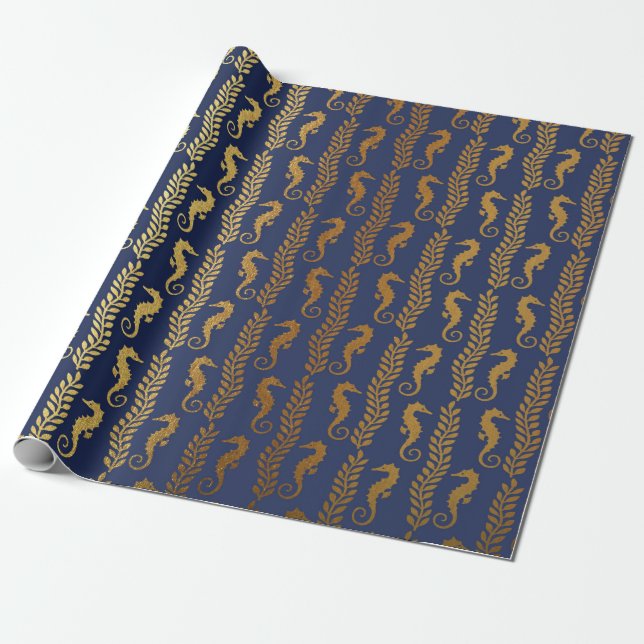 Golden Seahorse Ocean Algae Blue Navy Vip Yacht Presentpapper (Utrullad)