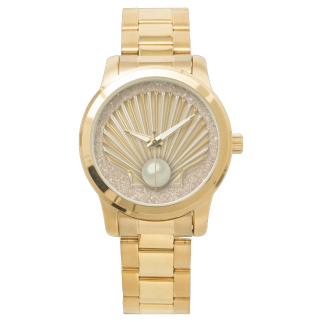 Golden Seashell och Pearl Guld Faux Glitter Armbandsur (Framsida)