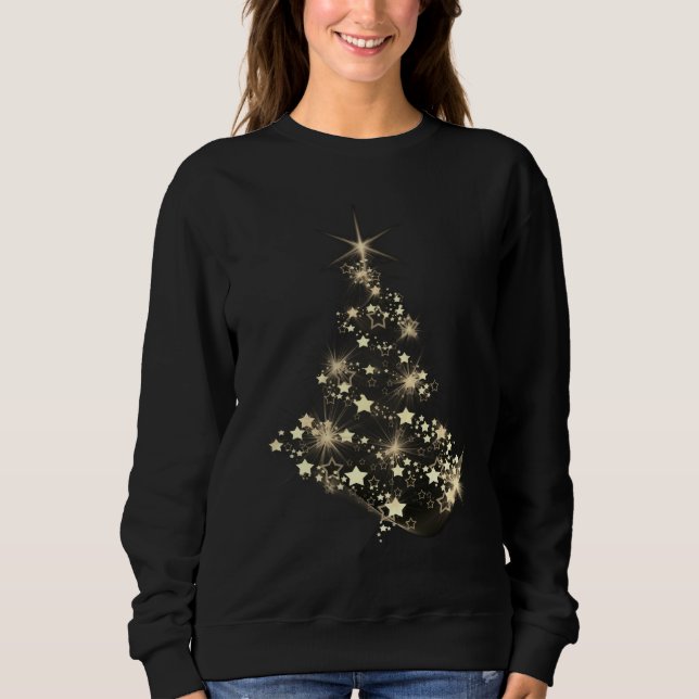 Golden Shine of Stars on Christmas Tree Dark  T Shirt (Framsida)