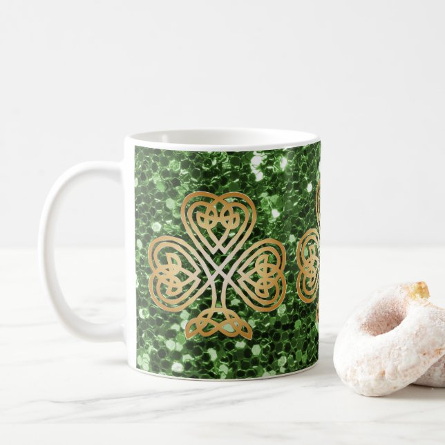 Golden Shining Celtic Shamrock Grönt Faux Glitter Kaffemugg (Med munk)
