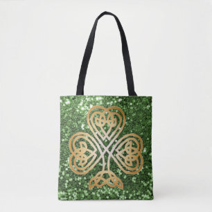 Golden Shining Celtic Shamrock Grönt Faux Glitter Tygkasse