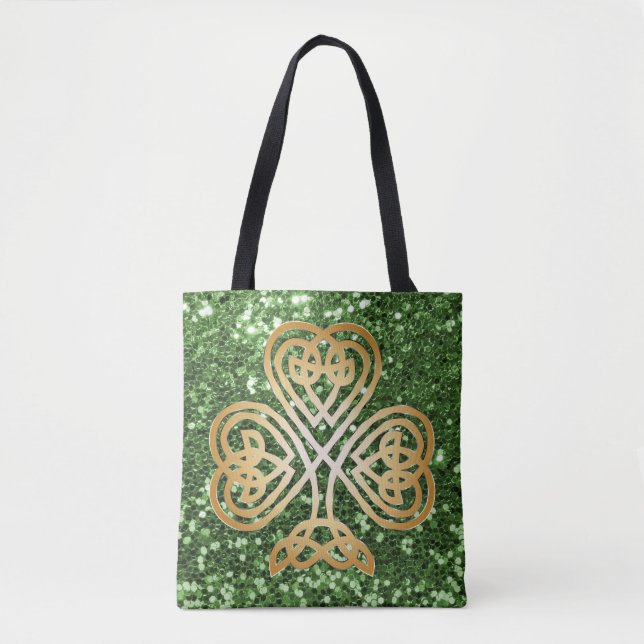 Golden Shining Celtic Shamrock Grönt Faux Glitter Tygkasse (Framsida)