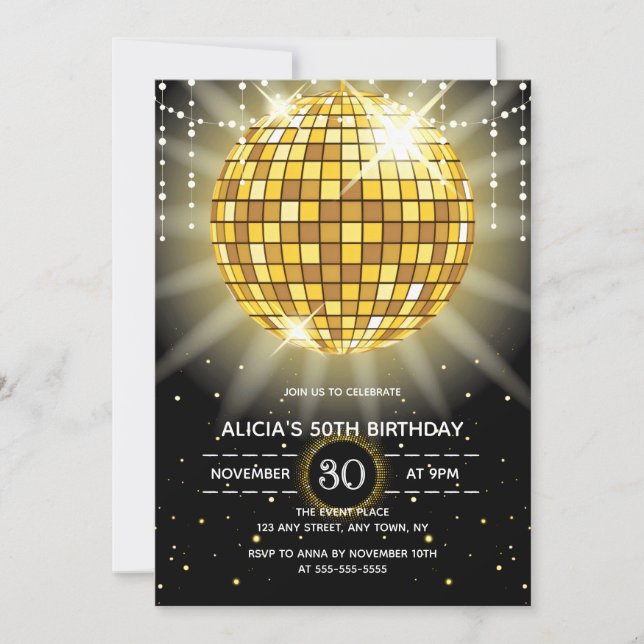 Golden Shiny Disco Boll Black Birthday Inbjudningar (Framsida)