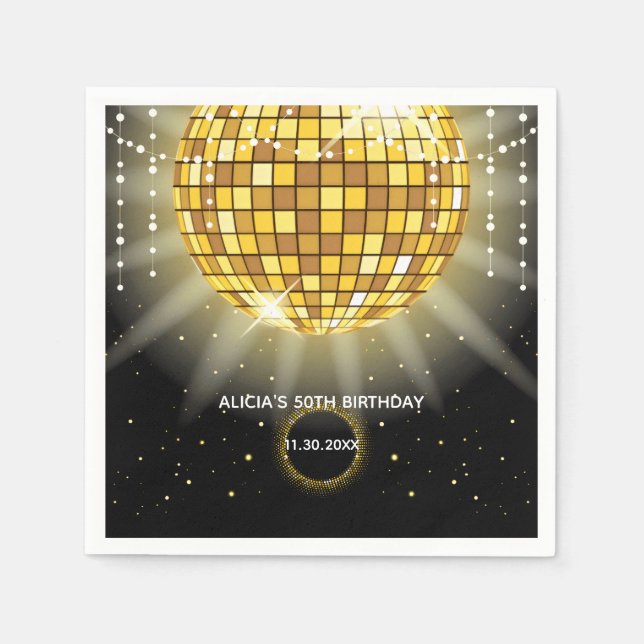 Golden Shiny Disco Boll Black Birthday Pappersservett (Framsidan)