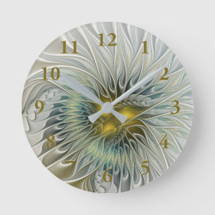 Golden Silver Flower Fantasy abstrakt Fractal Art Rund Klocka