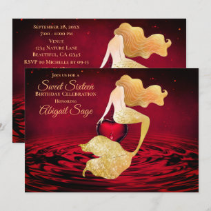 Golden Sjöjungfru med Red Heart Sweet 16 Birthday Inbjudningar