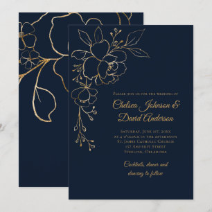 Golden Sketched Ro på Mörk blått Bröllop Inbjudningar