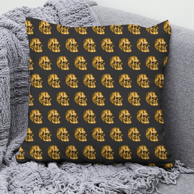 Golden Skull Coola Luxury Black Gothic Halloween Kudde (Skapare uppladdad)