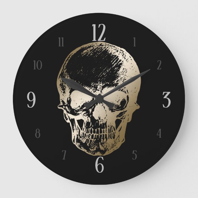 Golden Skull-metalldesign på svart Stor Klocka (Framsida)