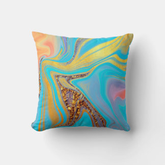 Golden Sky Flow – Blå och guld Färgad Fluid Art Mö Kudde