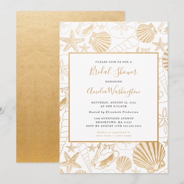 Golden Snäcka Möhippa inbjudan, strandtema Inbjudningar (Fram/baksida)