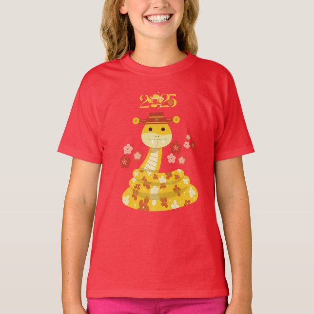 Golden Snake with Flowers Lunar New Year T Shirt (Framsida)