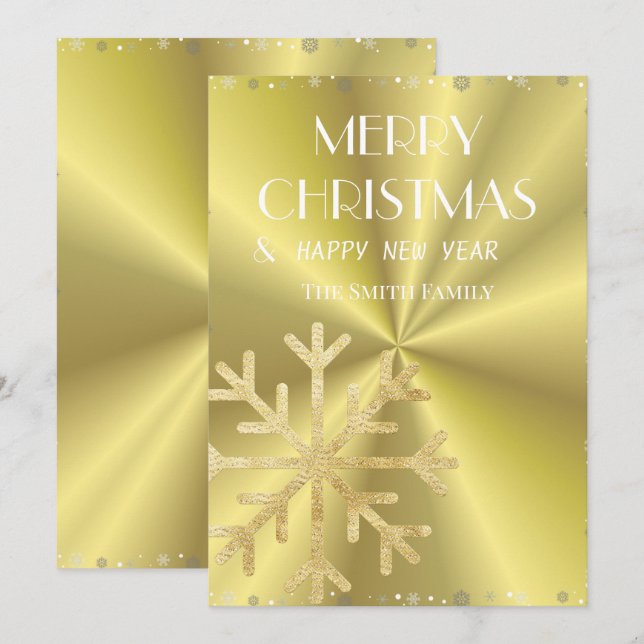 Golden snöflake och guldfärgad elegant, bakgrund julkort (Fram/baksida)