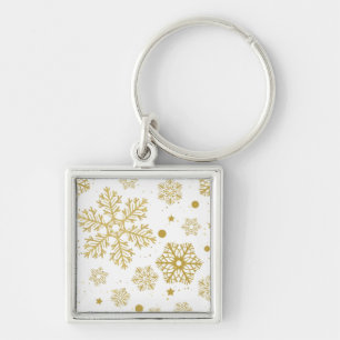 Golden snöflingor fyrkantig silverfärgad nyckelring
