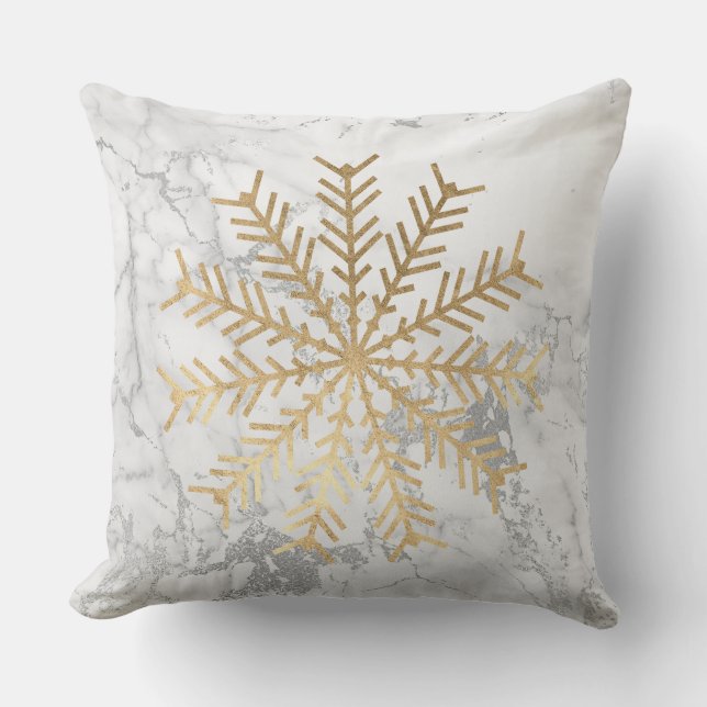 Golden Snöflingor Grått Silver White Marble Kudde (Framsida)
