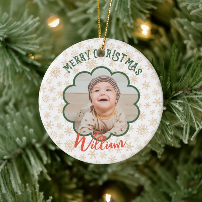 Golden Snöflingor Photo jul Namn Julgransprydnad Keramik (Träd)