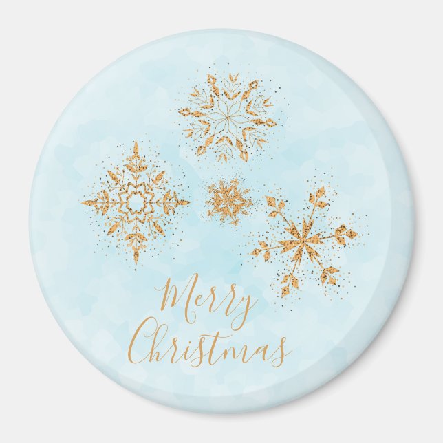Golden Snowflake Crystals på Frosty Blue jul Magnet (Framsidan)