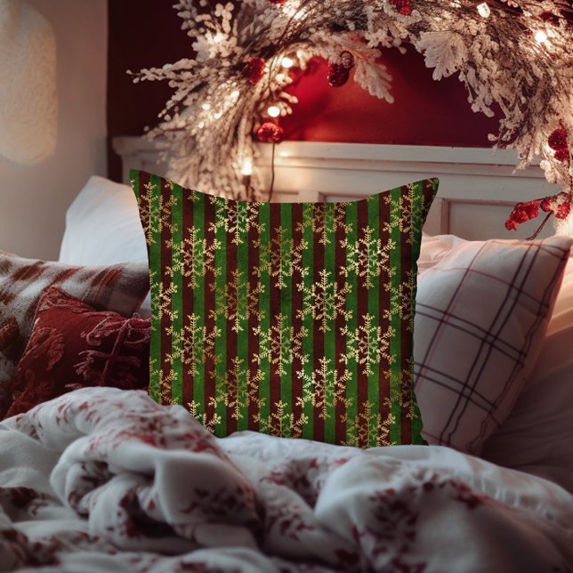 Golden Snowflake Red Grönt Rand jul Kudde (Golden Snowflake Red Green Stripe Christmas Throw Pillow)
