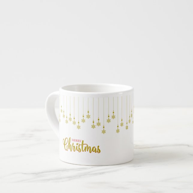 Golden Snowflakes with Merry Christmas Quote Espressomugg (Framsida vänster)