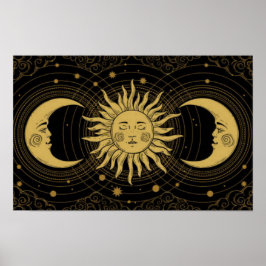 Golden Sol-Måne på Midnight Black Celestial Poster