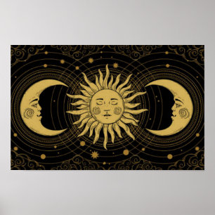 Golden Sol-Måne på Midnight Black Celestial Poster