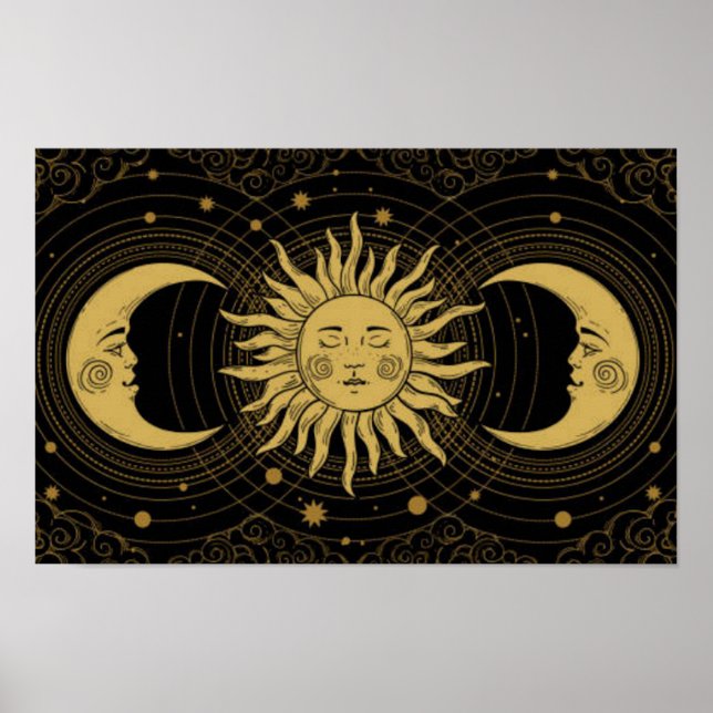 Golden Sol-Måne på Midnight Black Celestial Poster (Framsidan)