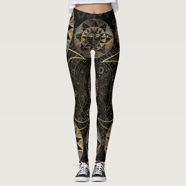 Golden Sol Måne Stars Celestial astronomikonst Leggings (Framsida)