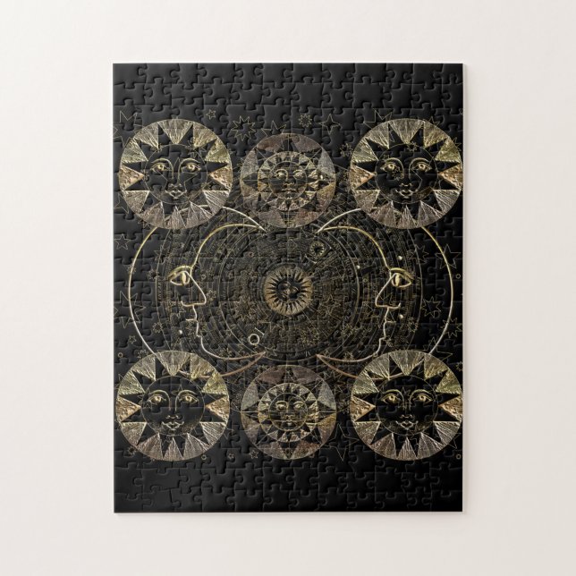 Golden Sol Måne Stars Celestial astronomikonst Pussel (Vertikal)