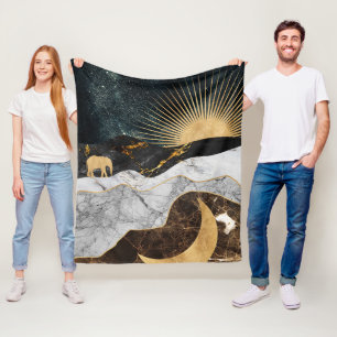 Golden Sol och Måne med elefant i Marble Cosmic Fleecefilt
