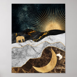 Golden Sol och Måne med elefant i Marble Cosmic Poster