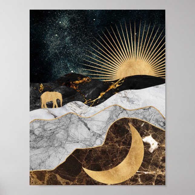 Golden Sol och Måne med elefant i Marble Cosmic Poster (Framsidan)